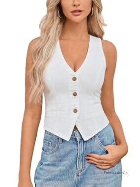Women's Denim Vest Sleeveless V-Neck Cropped Cotton Jean Vest
